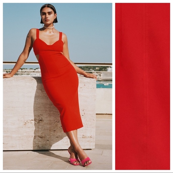 NWT. Zara Red Strappy Cut Out Midi Dress with V-neckline. Size S. - Picture 2 of 11